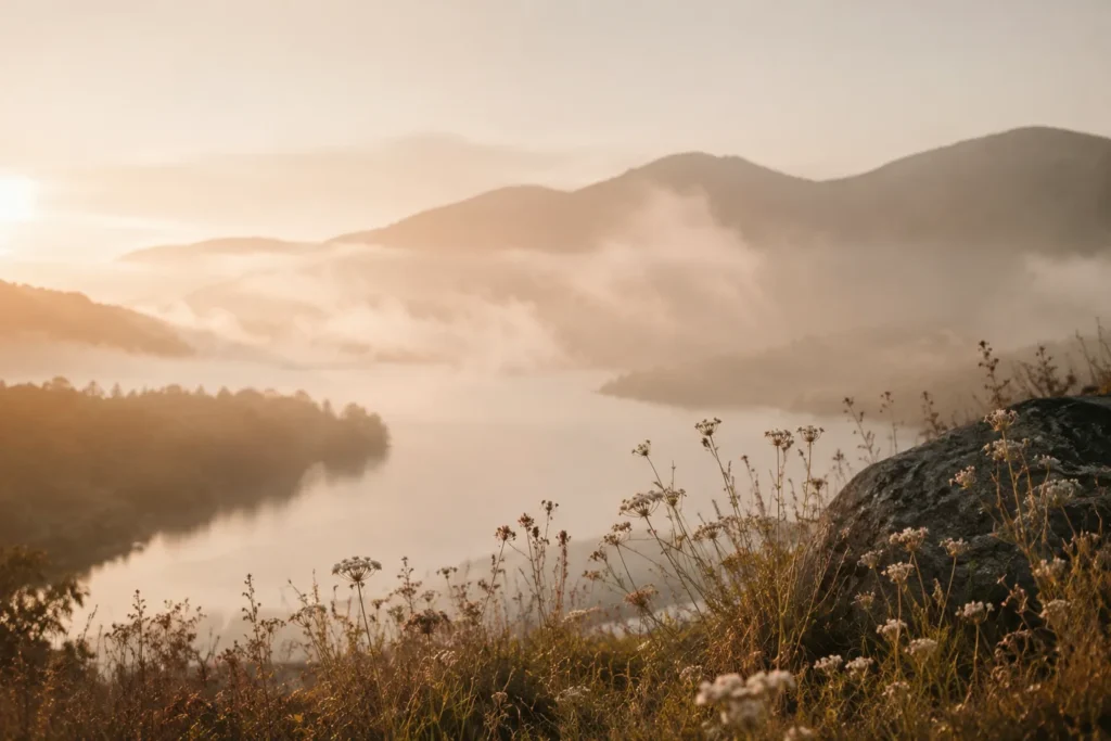 A mountain landscape in warm autumn light